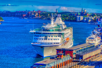  Aerial view over cruise boat that is approaching into port of Stockholm, Sweden.