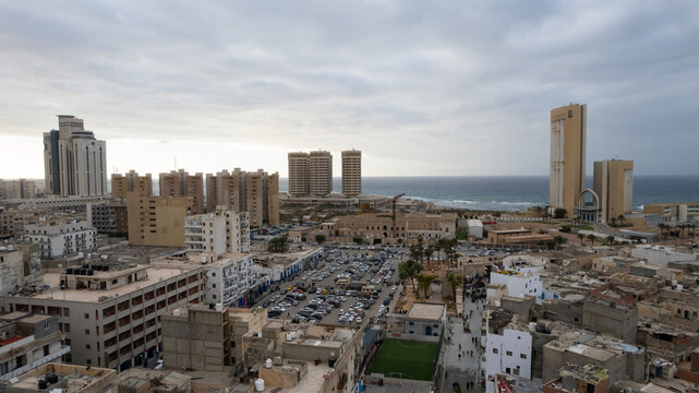 December 30, 2021: Capital of Libya, Tripoli seafront skyline view.