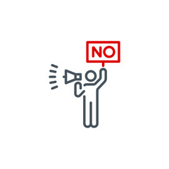 alone protester men with megaphone and poster no war single line icon isolated on white. Perfect outline symbol public demonstration strike. protester activist design element with editable Stroke line