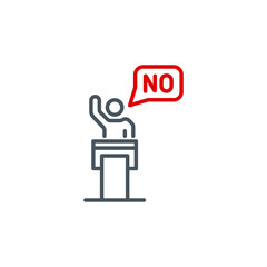 Politicians speaker protests from rostrum with raised hand single line icon isolated on white. Perfect outline symbol leader speak from tribune. design element speaker orator on podium editable Stroke