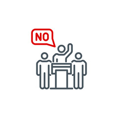 Politicians speaker protests from rostrum with raised hand single line icon isolated on white. Perfect outline symbol leader speak from tribune. design element speaker orator on podium editable Stroke