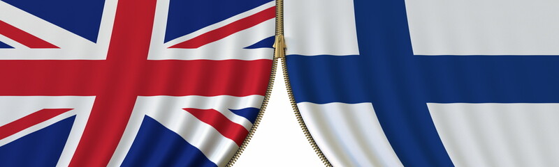 the United Kingdom and Finland political cooperation or conflict, flags and closing or opening zipper, conceptual 3D rendering