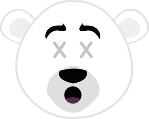 Vector illustration of the face of a cartoon polar bear with crosses in the eyes in concept of dead or death