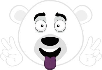 Vector illustration of the face of a cartoon polar bear, with his tongue out, making the classic gesture of love and peace or v victory with his hands