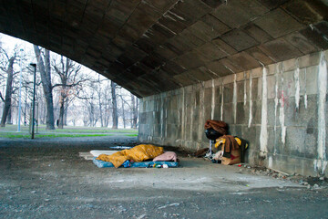 homeless camp under the bridge in Prague