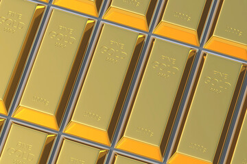 Rows of gold bars. Gold reserve. Value in the financial market. International price. 3d render