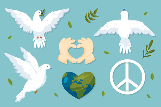 Peace symbols set with pigeon, Earth, arms with love sign, doves different postures with olive brunch