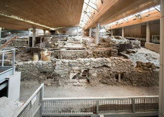 Interior view of the Akrotiri Archaeological Site Museum excavation near Fira on the Greek island...