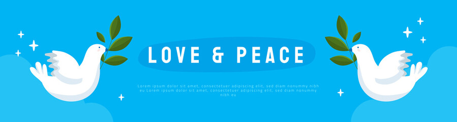 Love and Peace horizontal banner with dove holding olive branch in the sky, modern flat design