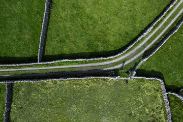 Small country road between stone wall. Inishmore, Aran islands, county Galway, Ireland. Top down...