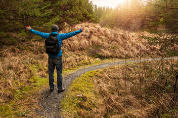Male tourist walking on a twisted path in a forest. Man in blue jacket with black backpack. Travel...