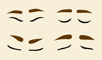 Eyebrow and eyes shapes. Diverse eyebrows types and emotions.
Makeup hacks for eyebrow shaping. Classic and other thickness of
eyebrows.