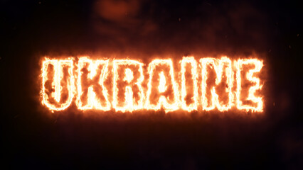 Obraz premium Ukraine war, fire text message in hot fire animation with steam, dust and sparks 