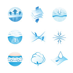 A set of icons for the absorbent material. Perfect for feminine pads, baby diapers, tissues, etc. EPS10.	