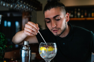 Young bartender stirring a mixed drink in a crystal glass with a slice of citrus fruit and ice.