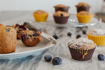 Blueberry muffins with powdered sugar and fresh berry. Vegan cake