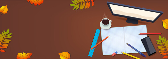 Autumn at work. Office mood. Yellow leaves. The concept of remote lesson or remote work in quarantine. Web banner, digital poster or flyer for e-broadcast, webinar lectures, courses. Vector 20212