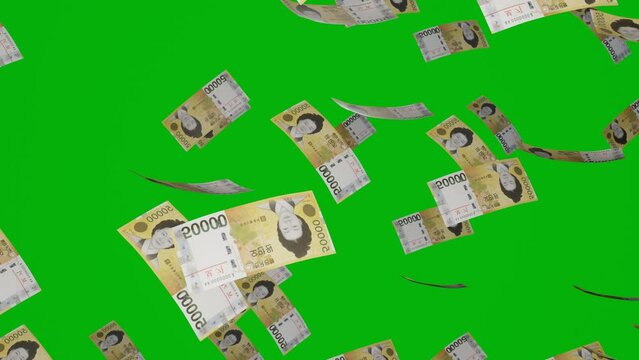 50000 South Korean Won bills falling down. Banknotes isolated on chromakey background. Jackpot or lottery prize. Business. KRW.