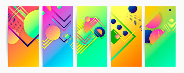 Obraz premium Set Abstract Summer bright disco party festive Bauhaus geometric pattern background, vector lines color art design. Colorful pattern background