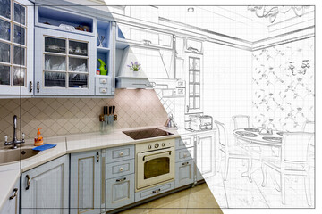 split screen of drawing and photo of interior of modern kitchen in flat apartment from idea to implementation of the finished product - obrazy, fototapety, plakaty