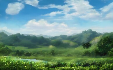 a landscape with a lake and a field full of grass