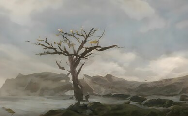an impression of the old tree on a fogy, misty day