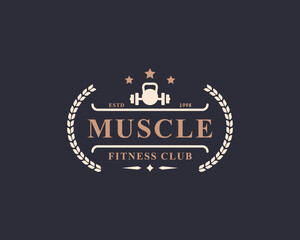Vintage Retro Badge Fitness Center and Sport Gym Logos typographic with Sport Equipment Signs and Silhouettes