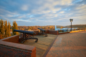 Two cannons in ancient Chernihiv at the sunset before the russian aggression