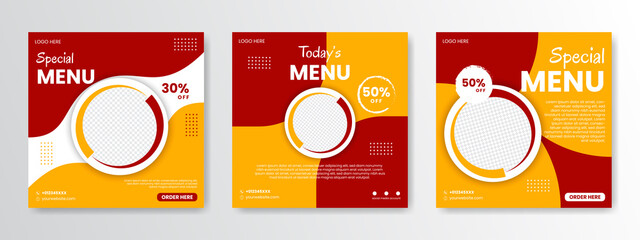 Social media food template, restaurant social media post template, with red, orange and white color combination