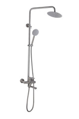 Photo of a shower column on a white background. Bathroom design. Elements in the interior. Water...