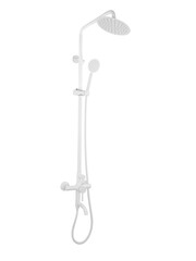 Photo of a shower column on a white background. Bathroom design. Elements in the interior. Water procedures increase the general tone of the body, they are also necessary for daily human hygiene.