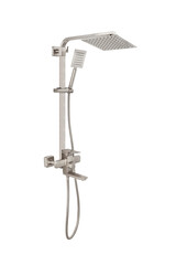 Photo of a shower column on a white background. Bathroom design. Elements in the interior. Water procedures increase the general tone of the body, they are also necessary for daily human hygiene.