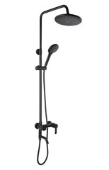 Photo of a shower column on a white background. Bathroom design. Elements in the interior. Water procedures increase the general tone of the body, they are also necessary for daily human hygiene.