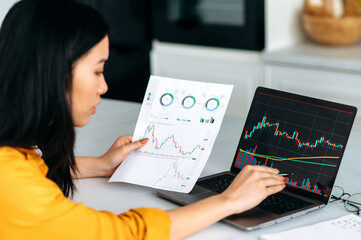Stock market analysis. Asian smart young woman, stock broker, crypto manager, uses a laptop and charts to analyze the rise or fall of the stock market, cryptocurrency risks, future strategy