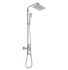 Photo of a shower column on a white background. Bathroom design. Elements in the interior. Water procedures increase the general tone of the body, they are also necessary for daily human hygiene.