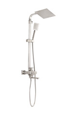 Photo of a shower column on a white background. Bathroom design. Elements in the interior. Water procedures increase the general tone of the body, they are also necessary for daily human hygiene.