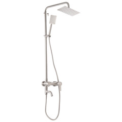 Obraz premium Photo of a shower column on a white background. Bathroom design. Elements in the interior. Water procedures increase the general tone of the body, they are also necessary for daily human hygiene.