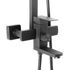 Photo of a shower column on a white background. Bathroom design. Elements in the interior. Water procedures increase the general tone of the body, they are also necessary for daily human hygiene.