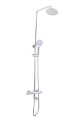 Photo of a shower column on a white background. Bathroom design. Elements in the interior. Water procedures increase the general tone of the body, they are also necessary for daily human hygiene.