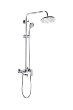 Photo of a shower column on a white background. Bathroom design. Elements in the interior. Water procedures increase the general tone of the body, they are also necessary for daily human hygiene.