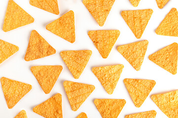 Nachos Mexican corn chips on white background. Delicious nachos snack.