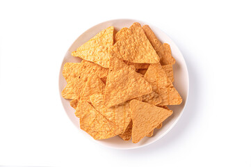 Nachos Mexican corn chips on white plate on white background.