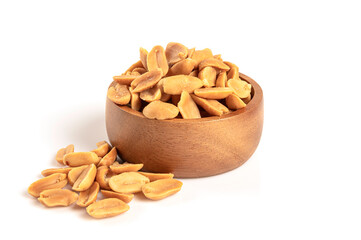 Roasted peanuts in wood bowl on white background.