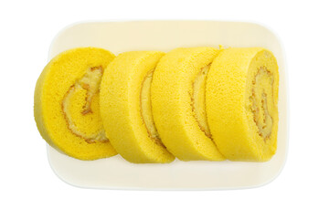 Sliced pieces of durian sweet roll cakes putting on white ceramic plate isolated on white background.	
