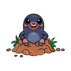 Cute little mole cartoon comes out from of the hole