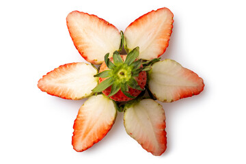 Delicious cut and whole strawberries isolated on white background