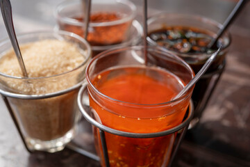 Closeup of garnish noodles seasoning, Thai style