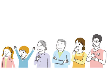 線画カラーイラスト　3世代家族　感心＆喜ぶ