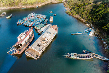 Aerial view of sunk ships in coastline, Sai Kung, Hong Kong