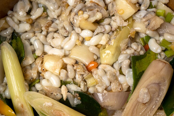 Closeup of Spicy Raw Ant Eggs Salad, Thai food